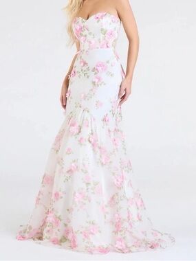 Windsor Strapless White Maxi Dress with Pink Floral Print